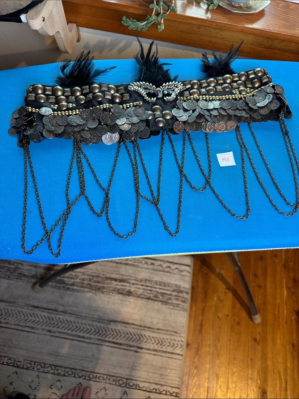 Black Beaded Coin Fringe Belly Belt with Feather Accents